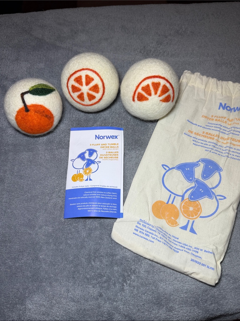 Norwex White Wool Dryer Balls with Citrus Design